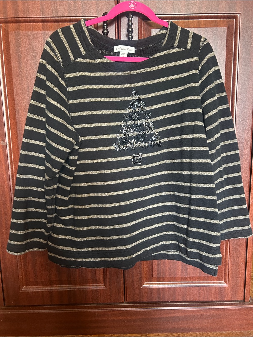 Coldwater Creek Black and Gold Striped Christmas Tree Sweatshirt